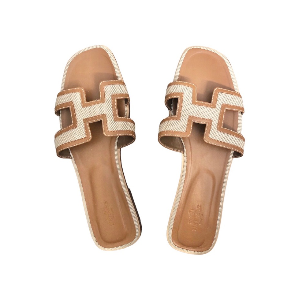 Hermes Noisette/ Beige Dore Toile H Oran Sandals